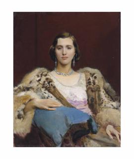 George Spencer Watson, R.A., R.S.P.P., R.O.I. - Portrait of Miss Dewitt wearing a leopard stole