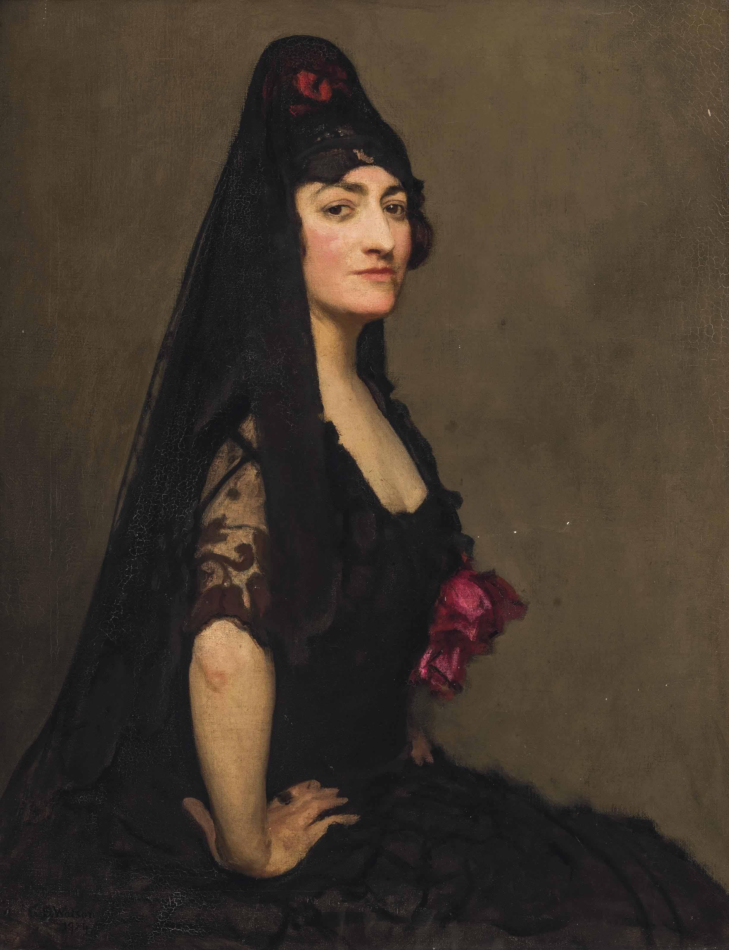 George Spencer Watson, R.A., R.W.S., R.O.I. - Portrait of Marcelle Azra Hincks, Countess Morphy, wearing a Spanish mantilla