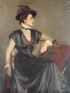 George Spencer Watson, R.A. - Portrait Of Monica Boyd, Three-Quarter-Length, Seated In A Black Dress And Red-Feathered Hat