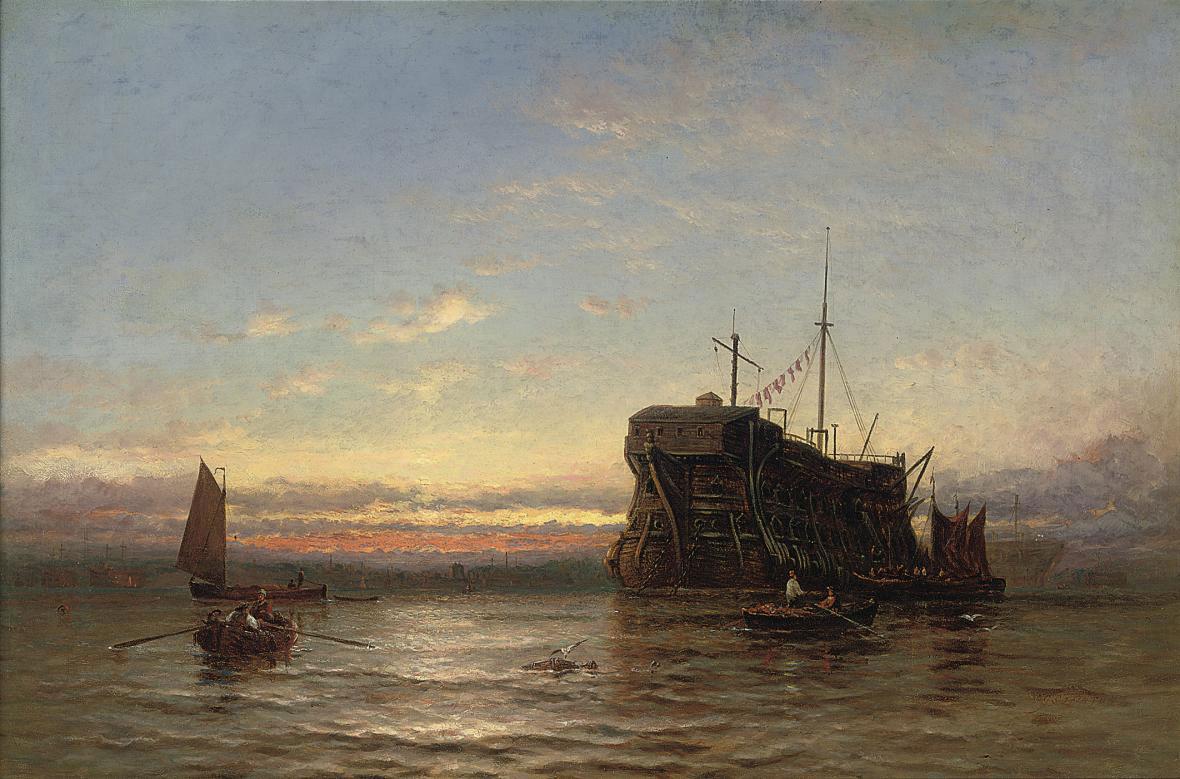 George Stainton - Prison hulks lying in a harbour at sunset