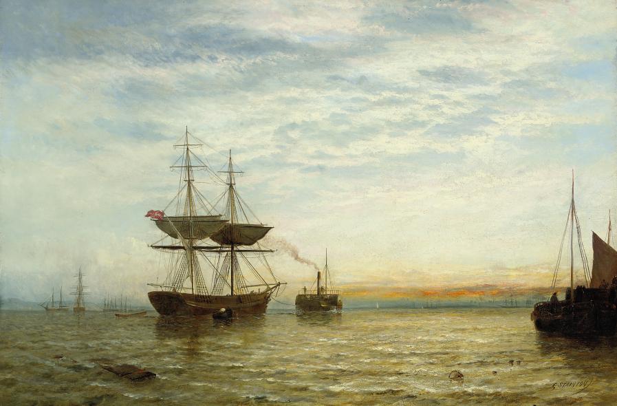 George Stainton - Towing out the brig at dusk