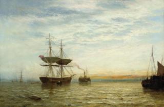 George Stainton - Towing out the brig at dusk