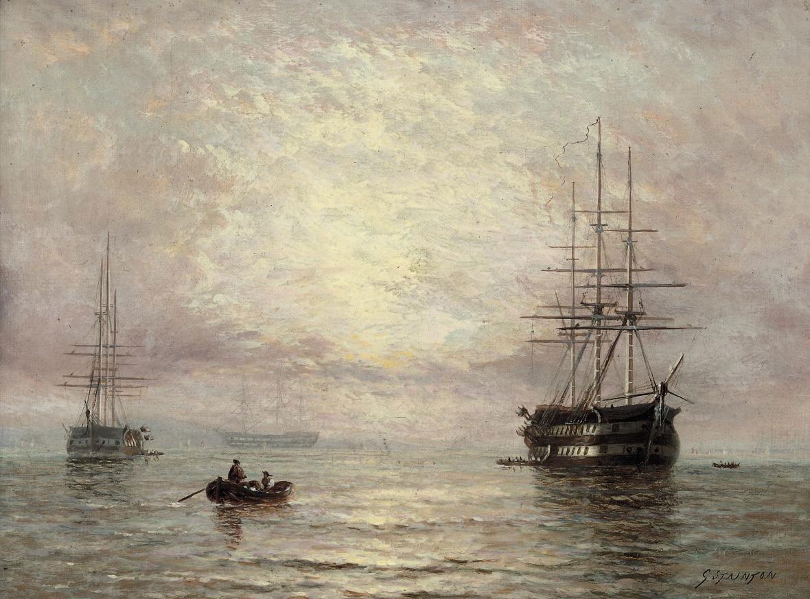 George Stainton - Warships anchored in the early morning haze