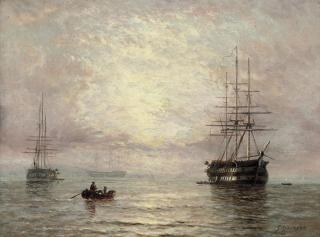 George Stainton - Warships anchored in the early morning haze