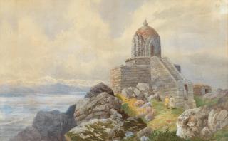 George Strahan - A mountain shrine in India with views towards a snow peaked mountain range