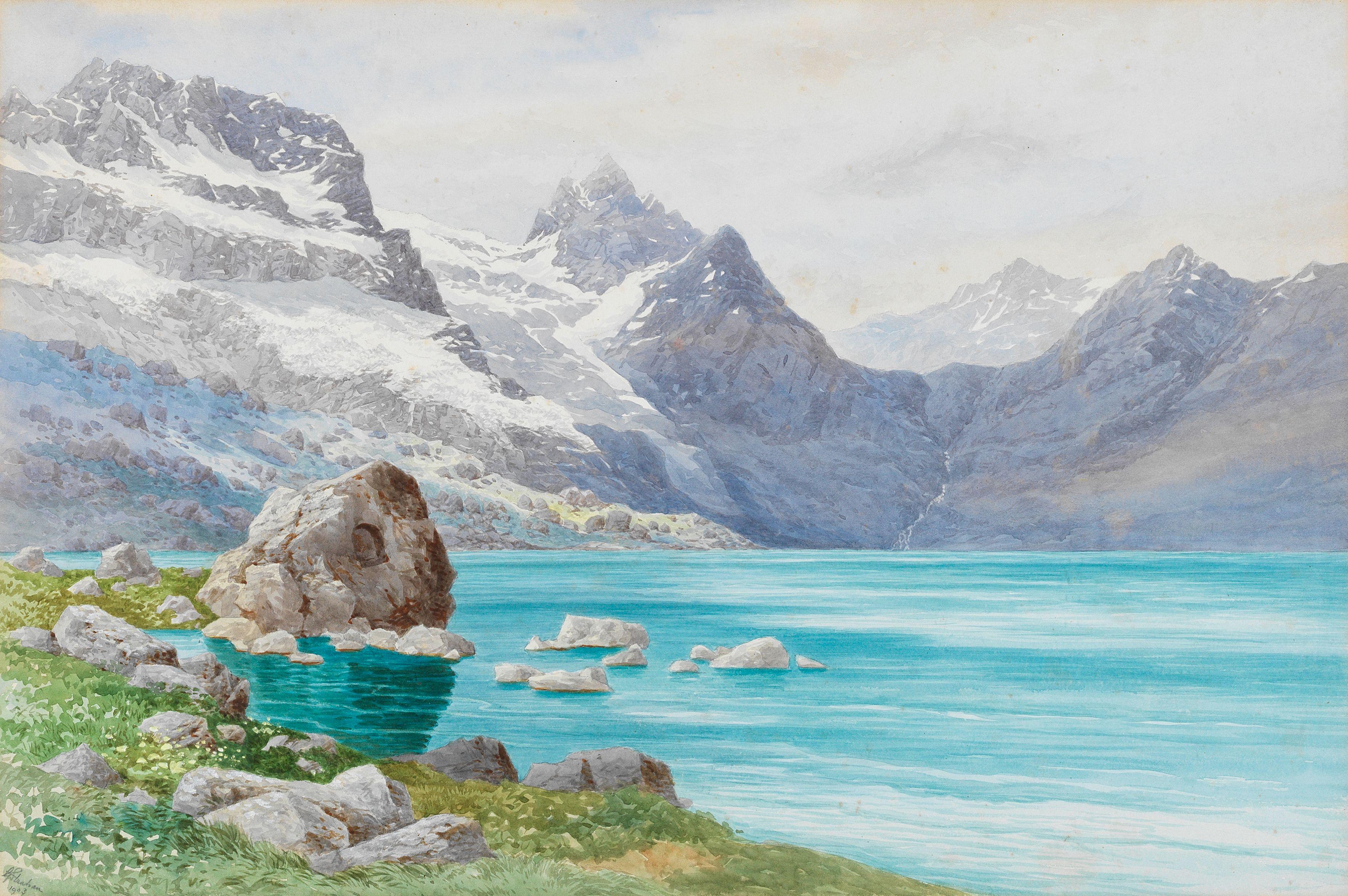 George Strahan - Gangabal Lake, India; A view thought to be near Rampur, Jhelum Valley, Kashmir, a set of two