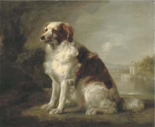 George Stubbs, A.R.A. - A Red And White Dog, In A Landscape, A Fortified Tower And An Estuary Beyond
