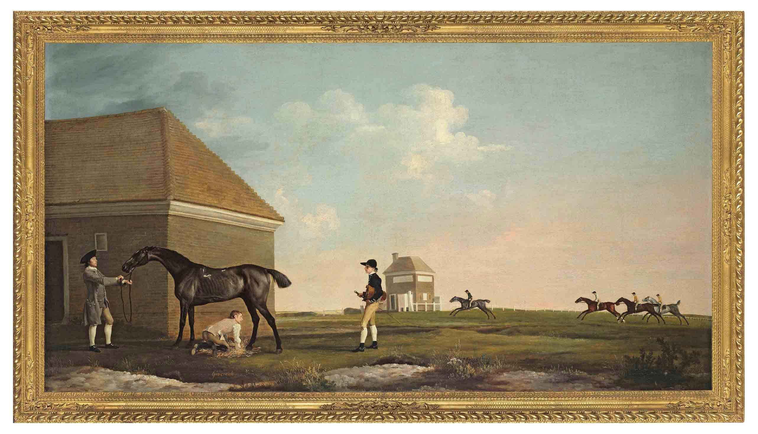 George Stubbs, A.R.A. - Gimcrack on Newmarket Heath, with a trainer, a jockey and a stable lad