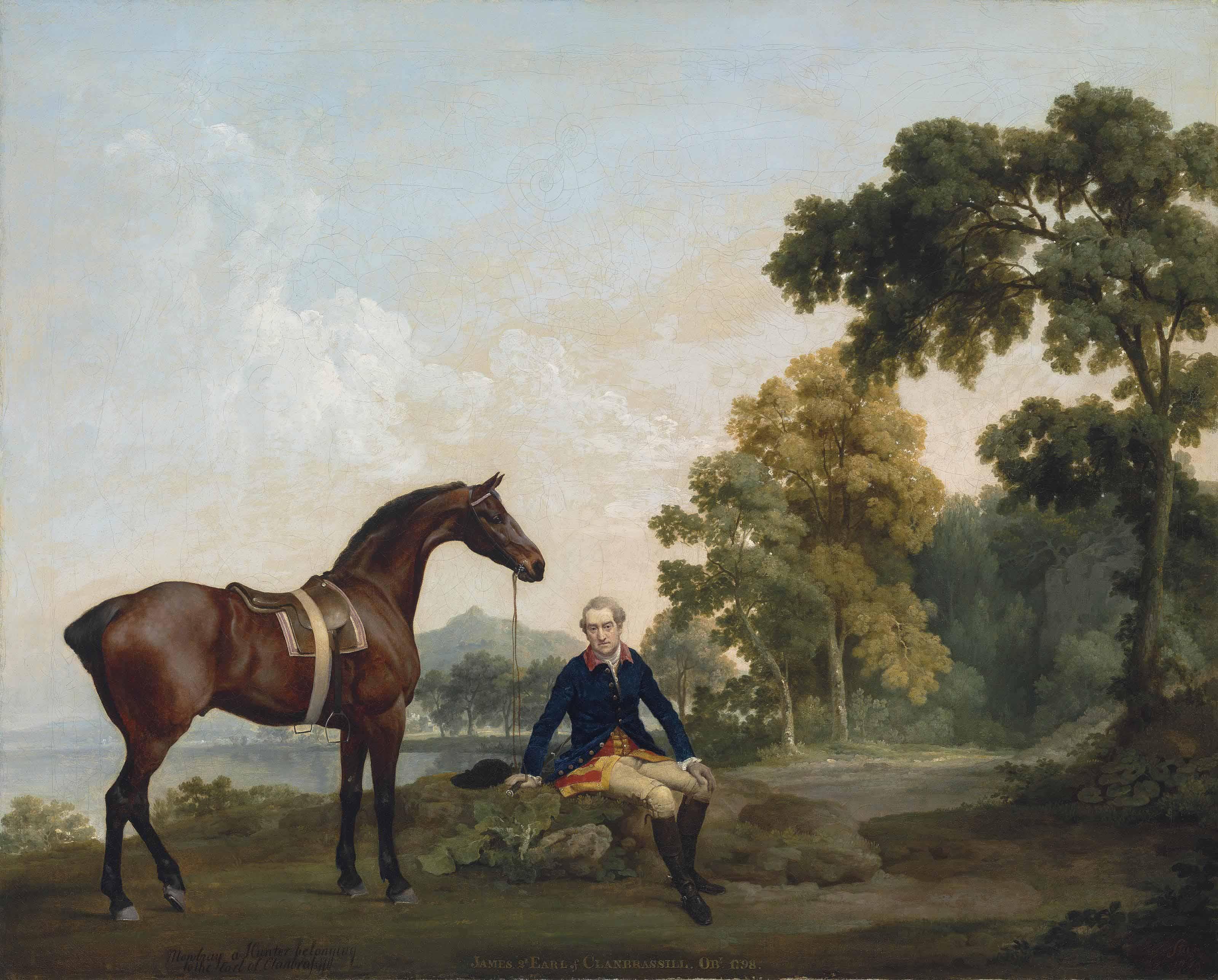 George Stubbs, A.R.A. - James Hamilton, 2Nd Earl Of Clanbrassil (1730-1798), With His Bay Hunter Mowbray, Resting On A Wooded Path By A Lake