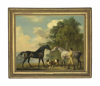 George Stubbs, A.R.A. - Two hunters with a young groom and a dog by a lake