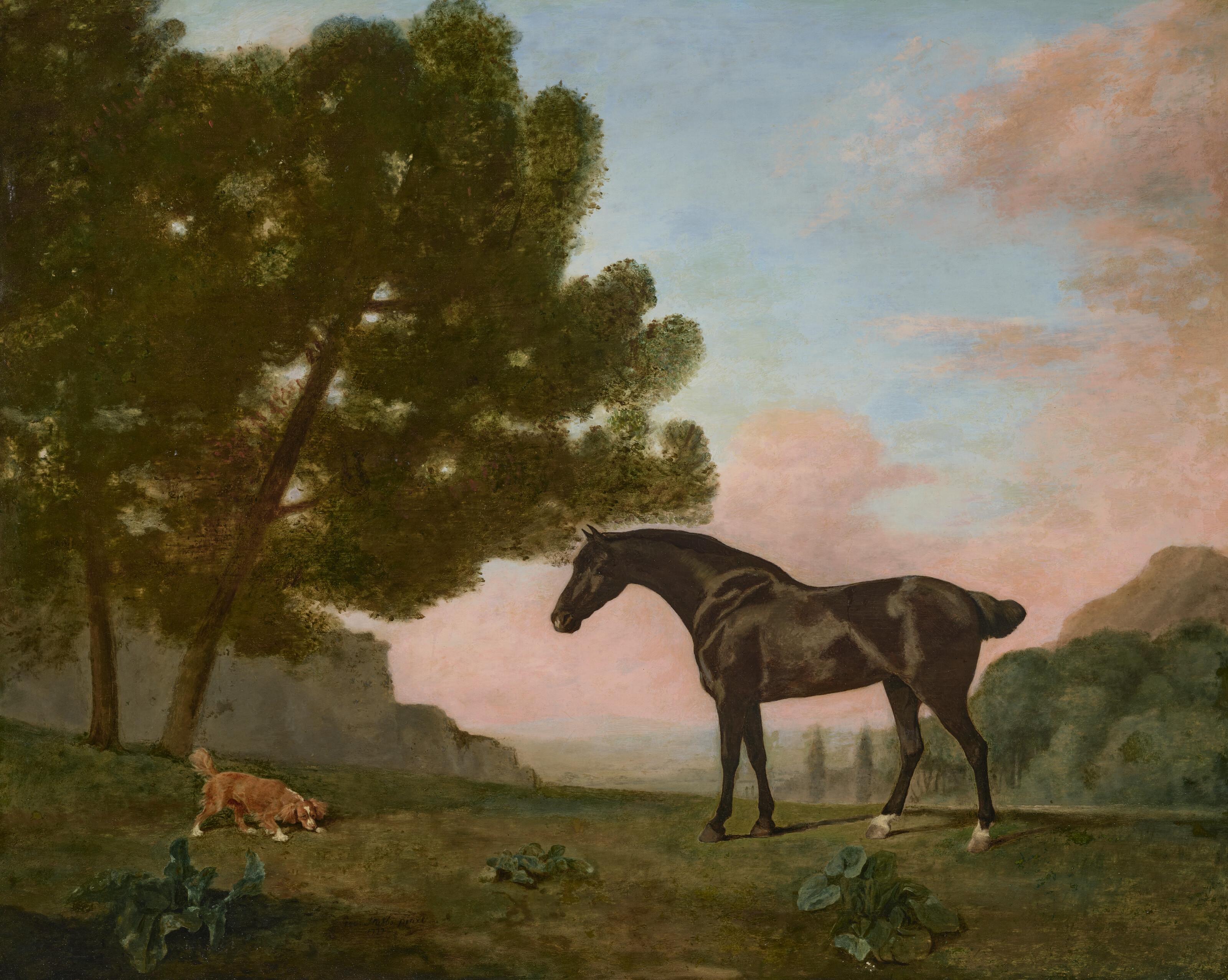 George Stubbs - A dark bay horse facing left, with a golden spaniel scenting the ground