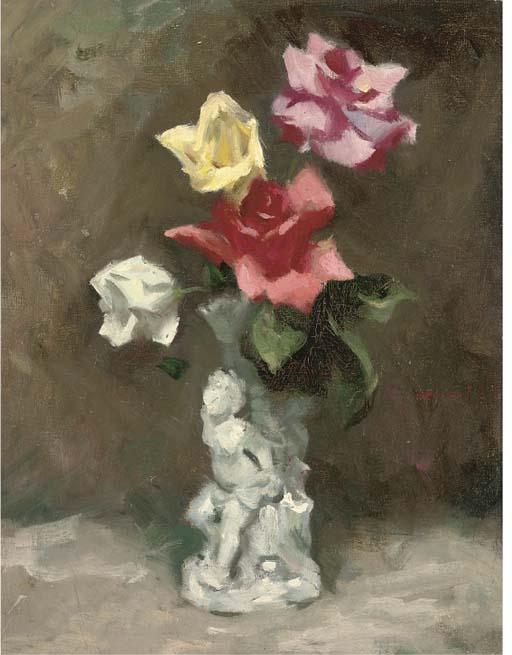 George Telfer Bear - Roses In A Sculpted Vase of Cherubs