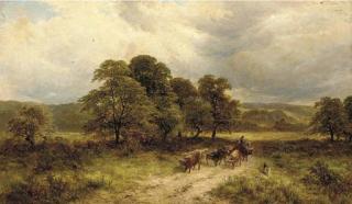 George Turner - A drover with Highland cattle in a wooded landscape