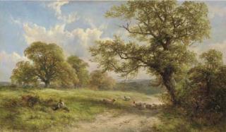 George Turner - Landscape with a shepherd and his flock, resting
