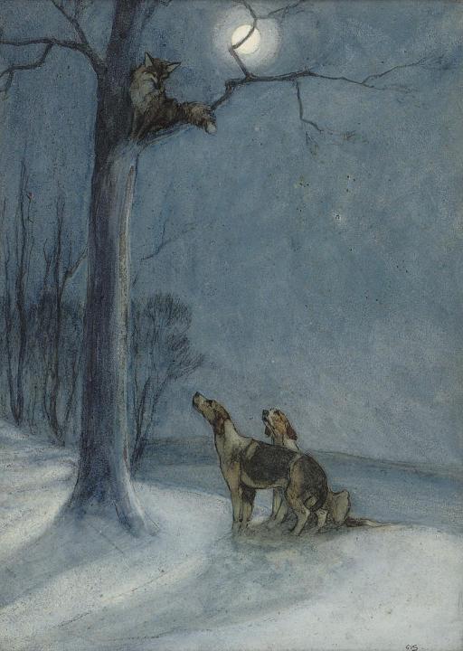 George Vernon Stokes - Fox and hounds at night