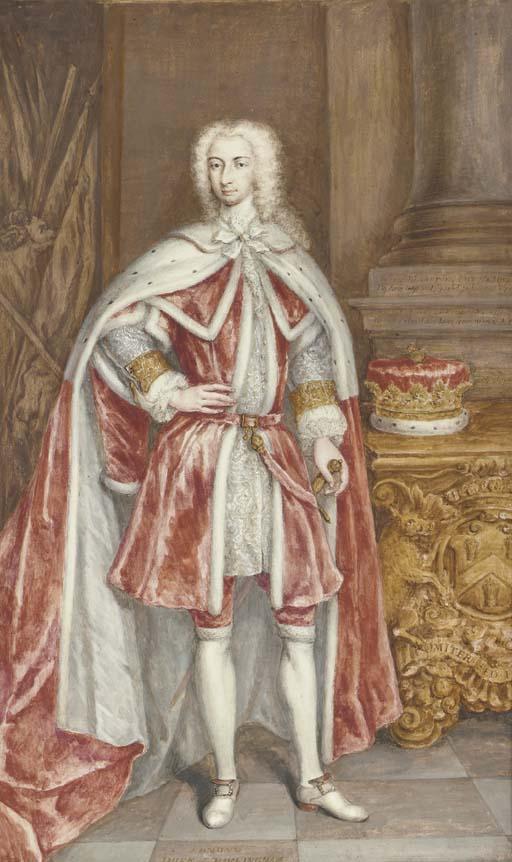 George Vertue - Portrait of Edmund, Duke of Buckingham (1715-1735), full-length, in state dress with ducal coronet, in an interior