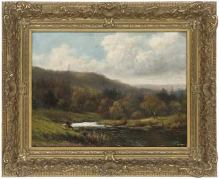 George Vicat Cole, R.A. - An angler in a river landscape