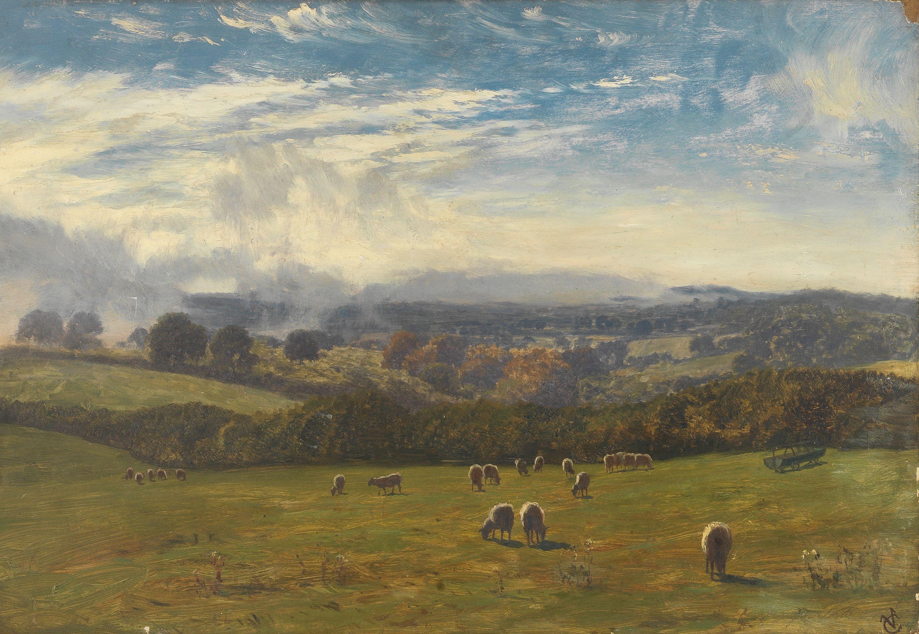 George Vicat Cole, RA - A view across the valley, with sheep grazing