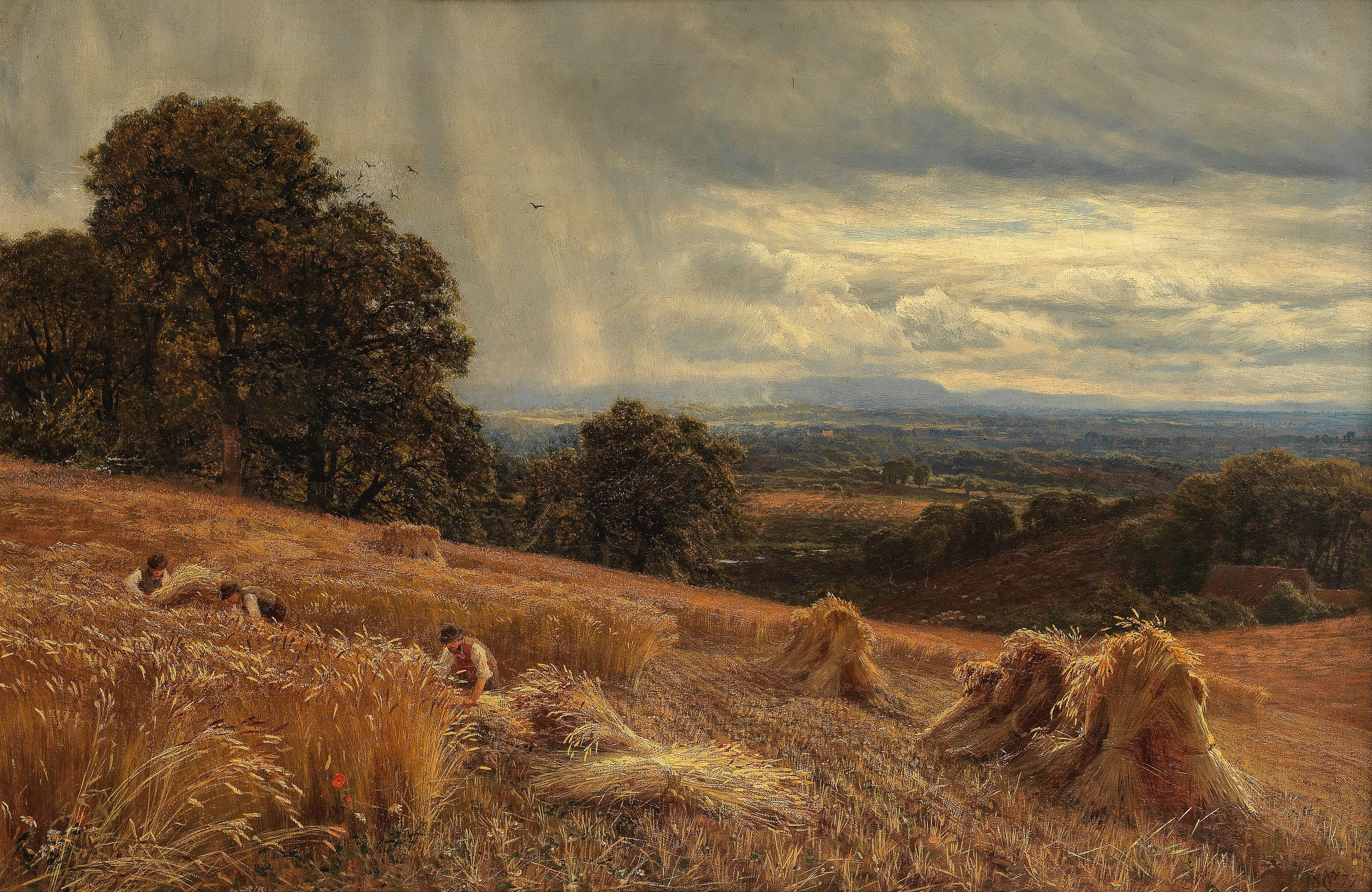 George Vicat Cole, RA - Figures in a harvest field with a storm crossing the landscape beyond