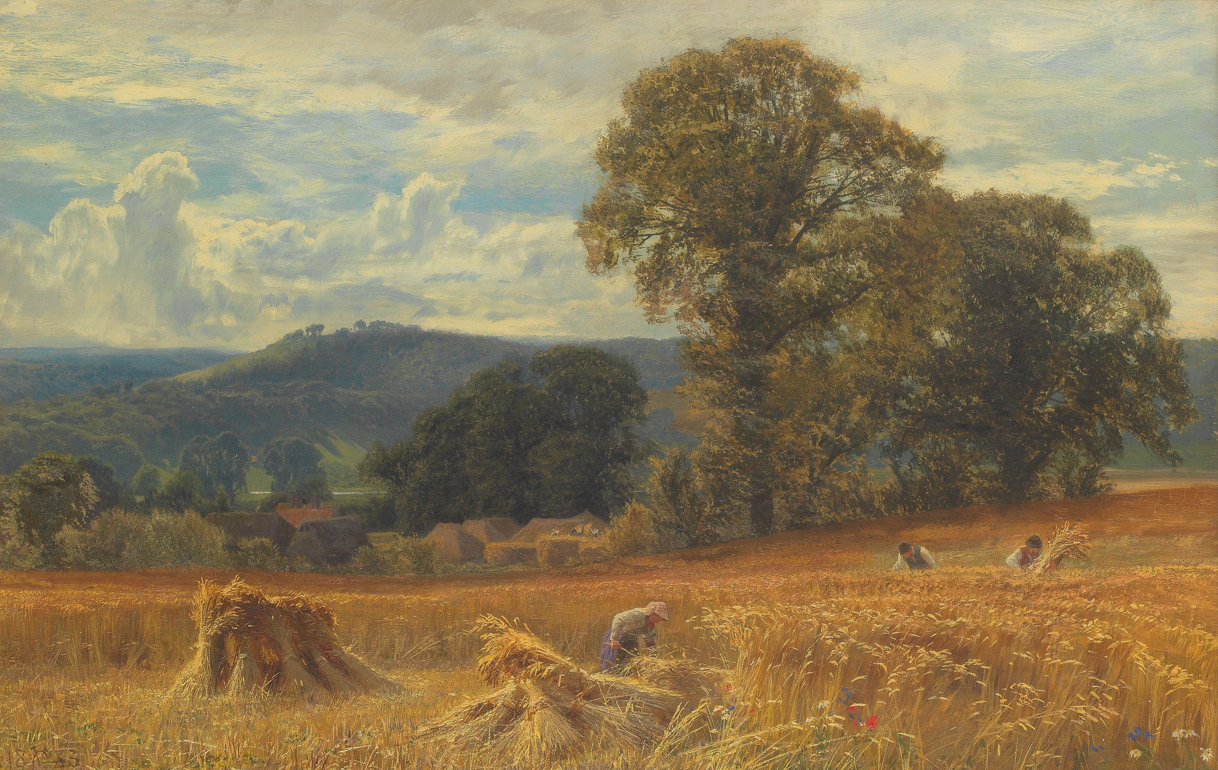 George Vicat Cole, RA - Harvest scene with village and hills beyond