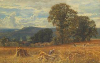 George Vicat Cole, RA - Harvest scene with village and hills beyond