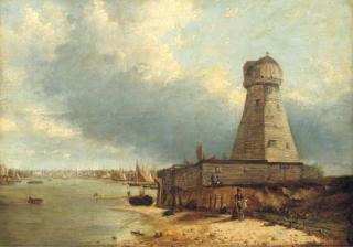 George Vincent - A View Of Lowestoft Lighthouse, With Figures In The Foreground And The Stanford Channel Beyond