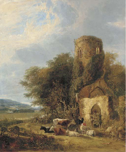 George Vincent - Figures And Livestock By The Ruins of St. Andrew\'S At Whitlingham