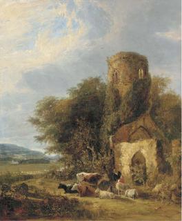 George Vincent - Figures And Livestock By The Ruins of St. Andrew\'S At Whitlingham