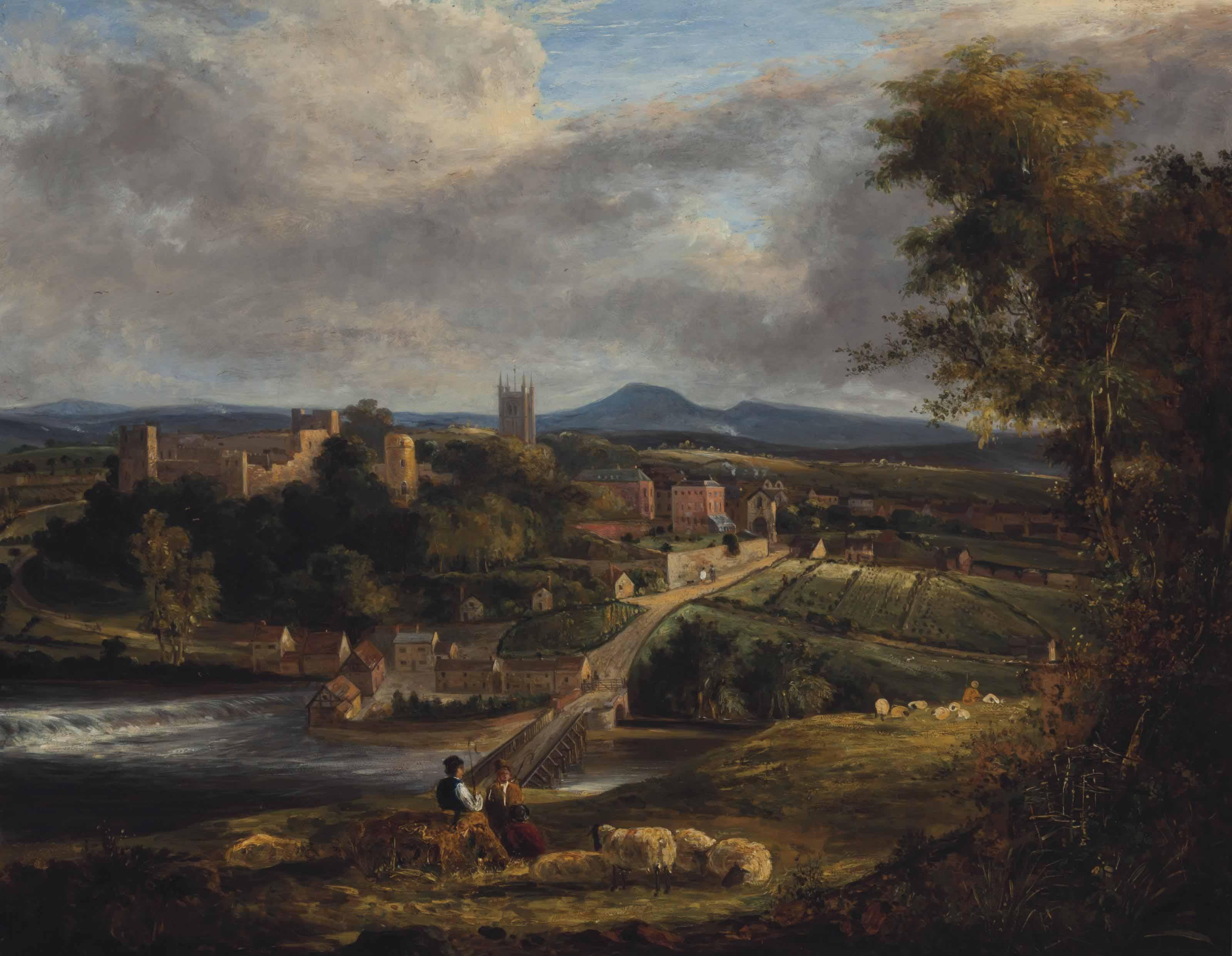 George Vincent - Shepherds Resting On A Hillside With A Riverside Town Beyond