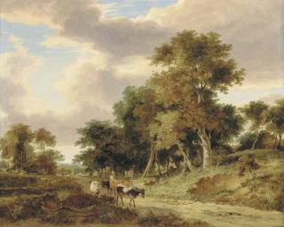 George Vincent - View In The Valley of The Yare, With A Drover And Cattle On A Track