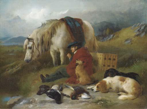 George W. Horlor - A Ghillie, smoking his pipe beside a day\'s bag