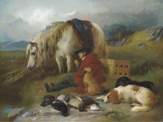 George W. Horlor - A Ghillie, smoking his pipe beside a day\'s bag