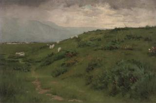 George Walton - Sheep Grazing On A Hillside With A Village In The Distance