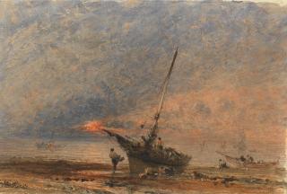 George Weatherill - A beached fishing boat at sunset