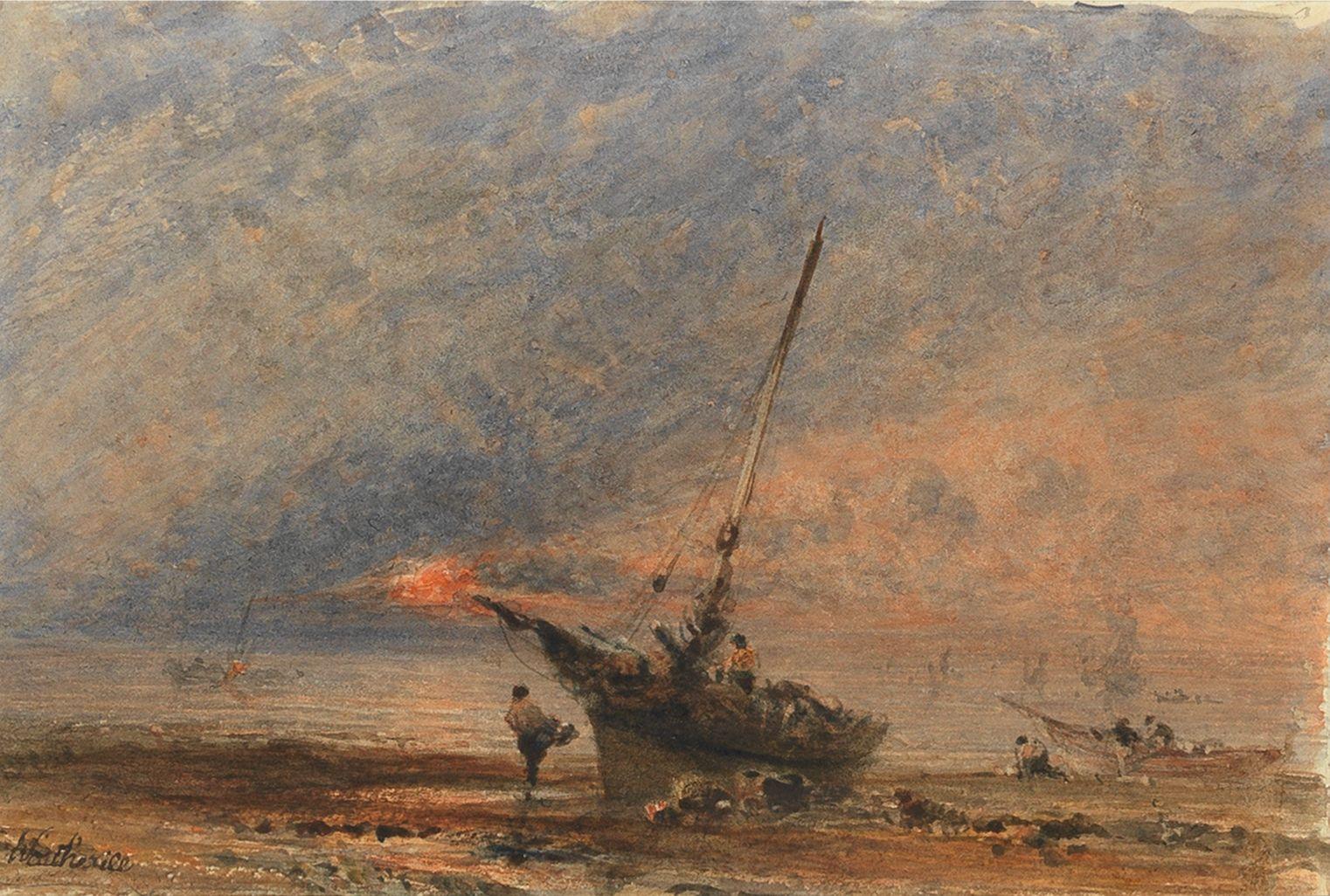 George Weatherill - A beached fishing boat at sunset