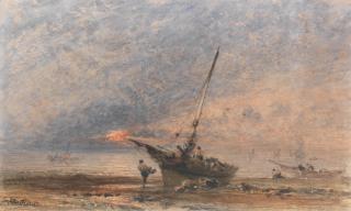 George Weatherill - A beached fishing boat at sunset
