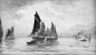 George Weatherill - The fishing fleet becalmed off Whitby;  and Unloading the day\'s catch