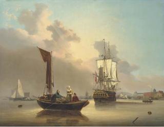 George Webster - A frigate at anchor amidst local craft, including a doble, on the Medway