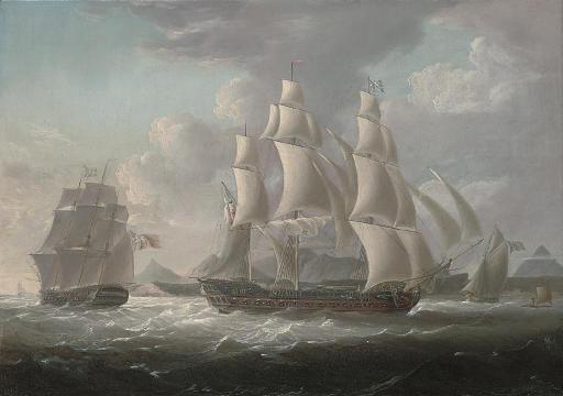 George Webster - Royal Naval frigates and an armed cutter off a West Indian island, believed to be Martinique, with a native raft offshore