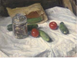 George Weissbort - Cornflowers and Michaelmas daisies in a jug, beneath a window; and Tomatoes, courgettes and mushrooms, on a table