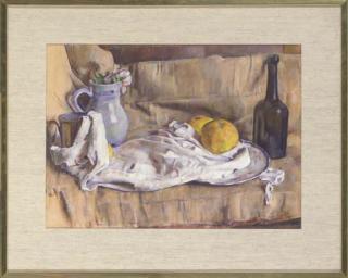 George Weissbort - Pink roses in a jug with lemons and a wine bottle, on a table; and Apples, a wine bottle and lemon, on a table