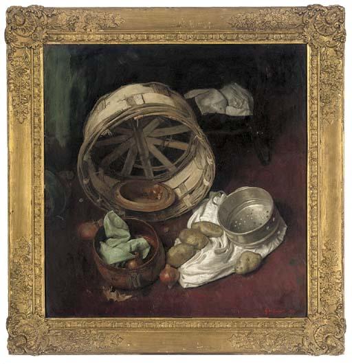 George Weissbort - Potatoes, onions, a wicker basket and a pot