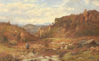 George Whitton Johnstone - Shepherd and his flock in a Scottish landscape