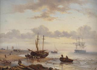 George Willem Opdenhoff - A \'bomschuit\' and horse drawn cart on the beach