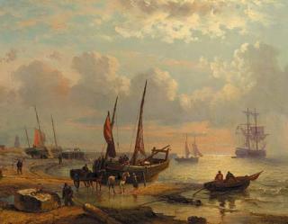 George Willem Opdenhoff - A coastal scene with sailingvessels and fishermen at work on a beach