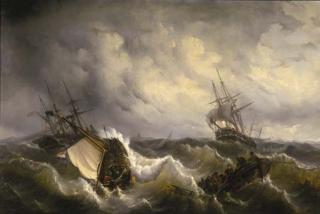 George Willem Opdenhoff - A fishing trawler at sea as a storm approaches, other shipping beyond