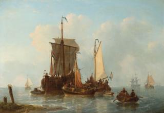 George Willem Opdenhoff - A vis hoeker and other Dutch fishing ships riding at anchor