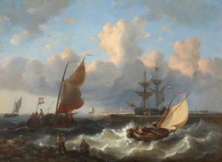 George Willem Opdenhoff - Animated Harbor Scene with Vessels Making for Safety from an Incoming Squall framed 85.0 x 109.2 x 6.3 cm (33 1/2 x 43 x 2 1/2 in).