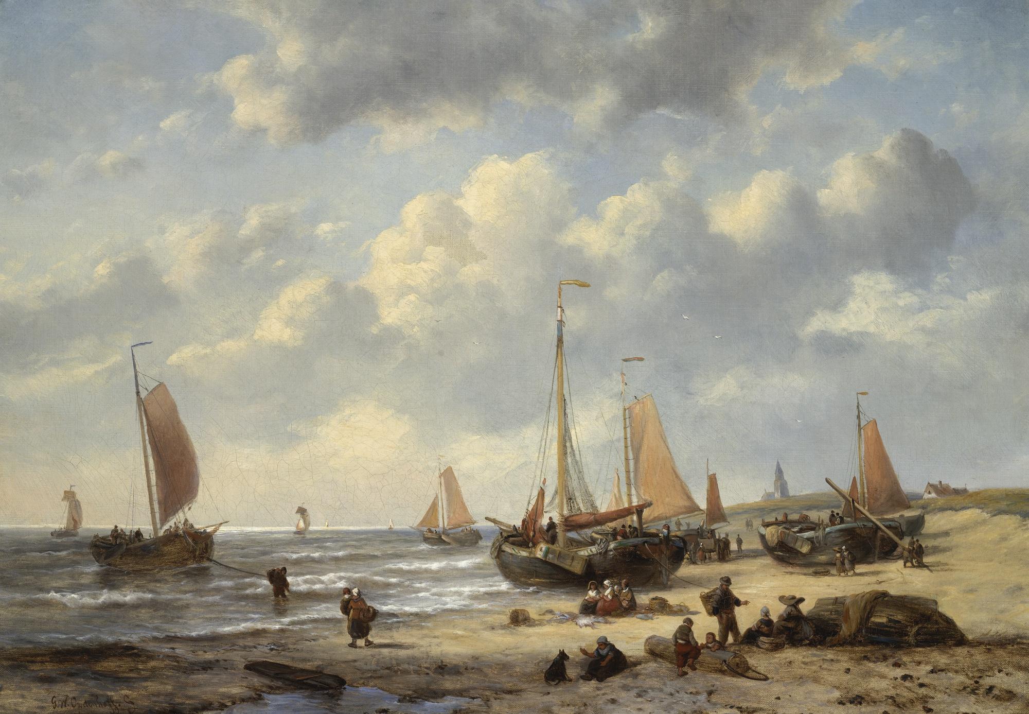 George Willem Opdenhoff - Dutch Fishing Boats On Scheveningen Beach