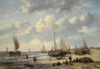 George Willem Opdenhoff - Dutch Fishing Boats On Scheveningen Beach